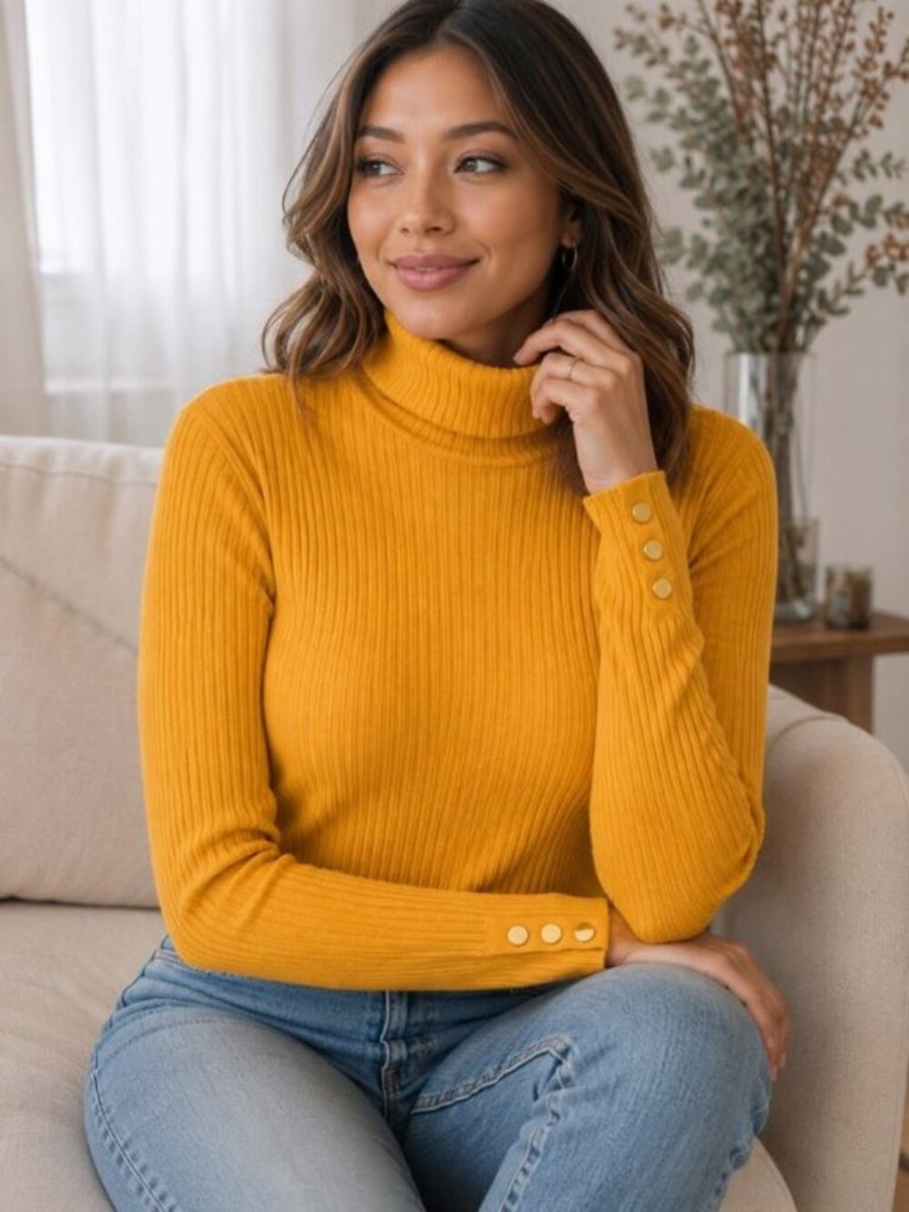 JM Collection Women's XL Ribbed Turtleneck Sweater Mustard Gold Button Stretch